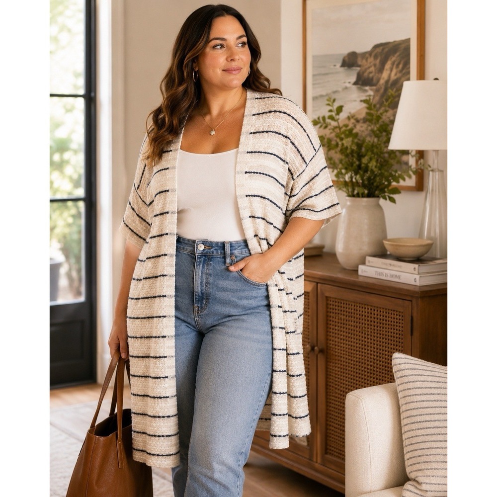 Lane Bryant Open Front Cardigan 14/16 Cream Navy Stripe Textured Duster Sweater